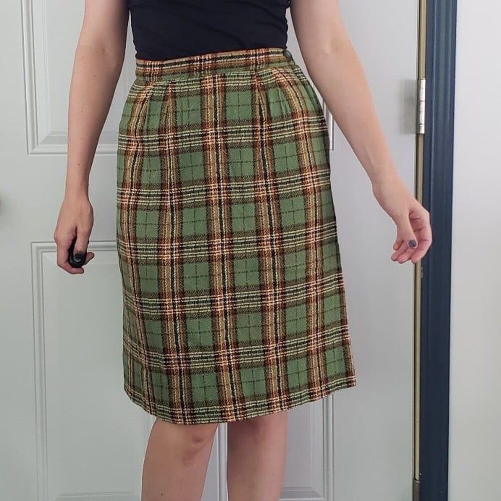 60s/70s Green Home Made Plaid Pencil Skirt